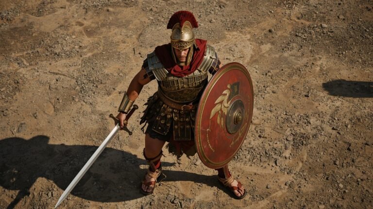 Gladiador romano con su armadura, casco, espada y escudo