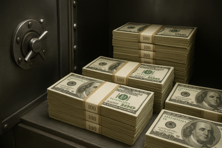 dinero con fajas del banco, dentro de la bóveda del banco