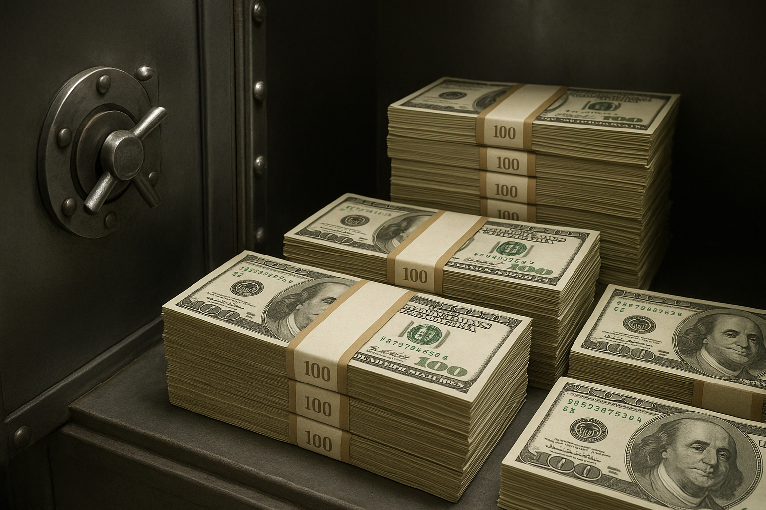 dinero con fajas del banco, dentro de la bóveda del banco