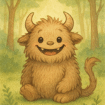 Dibujo infantil de un cachorro de monstruo con su cuerpo cubierto de pelos, cuernos y una cola