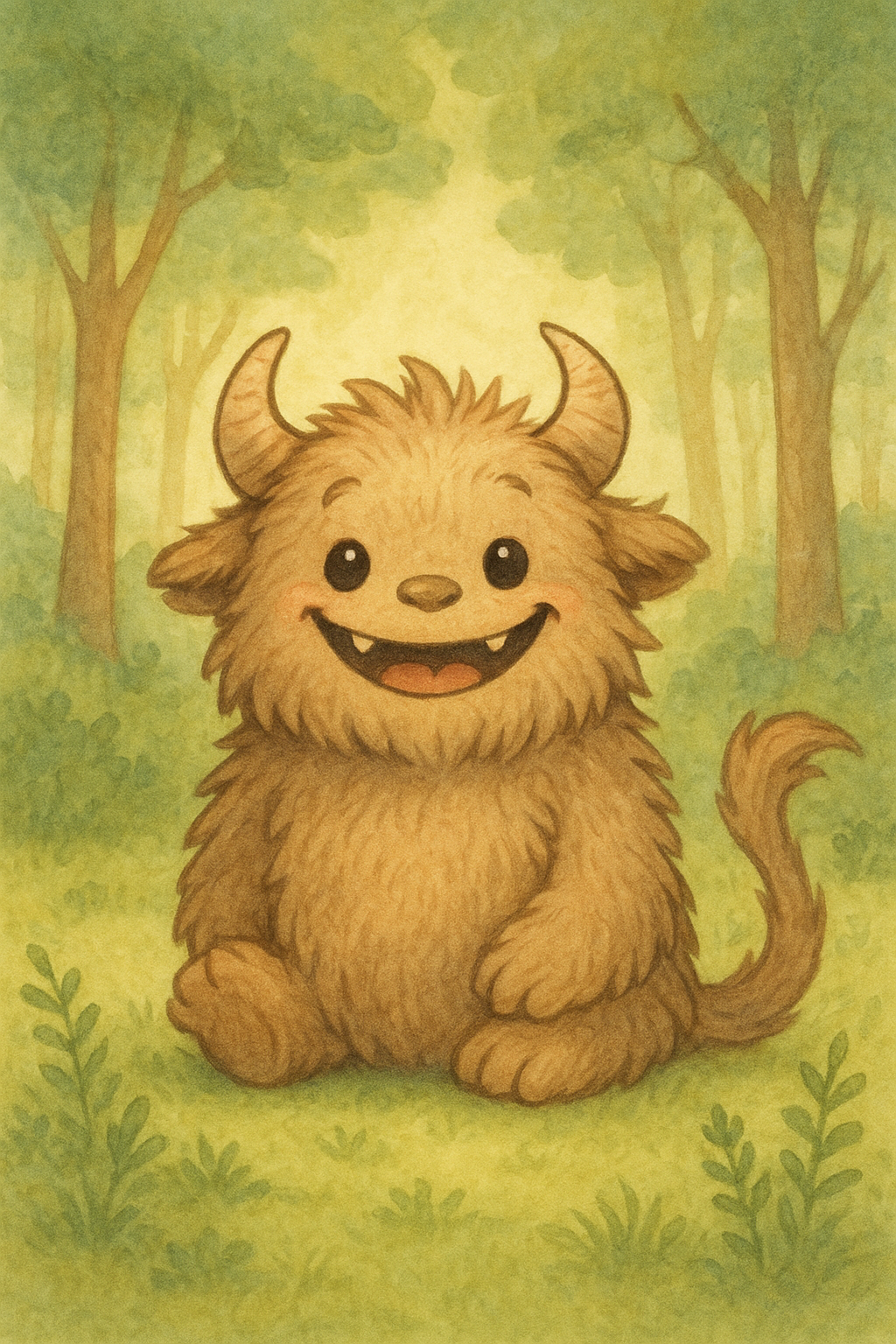 Dibujo infantil de un cachorro de monstruo con su cuerpo cubierto de pelos, cuernos y una cola