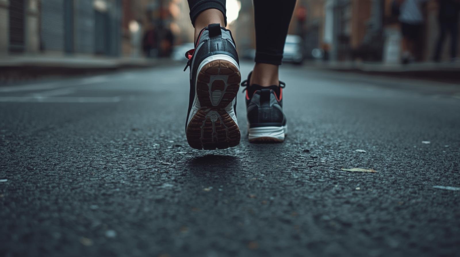 pies con zapatillas de alguien que camina sobre una calle en un barrio de ciudad