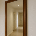 Espejo colgado en la pared, al final de un pasillo