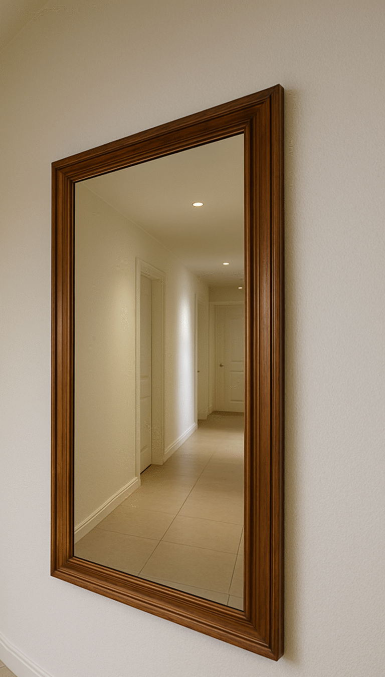 Espejo colgado en la pared, al final de un pasillo