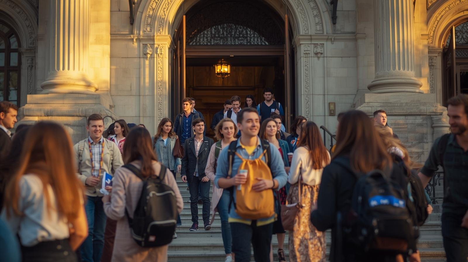 personas caminando, algunos salen de una universidad con sus bolsos o mochilas