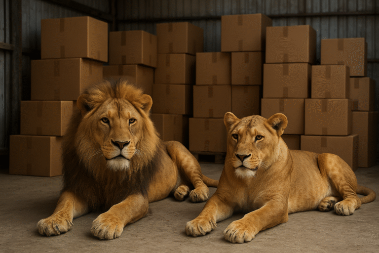 Pareja de leones recostados en el piso de un depósito con cajas