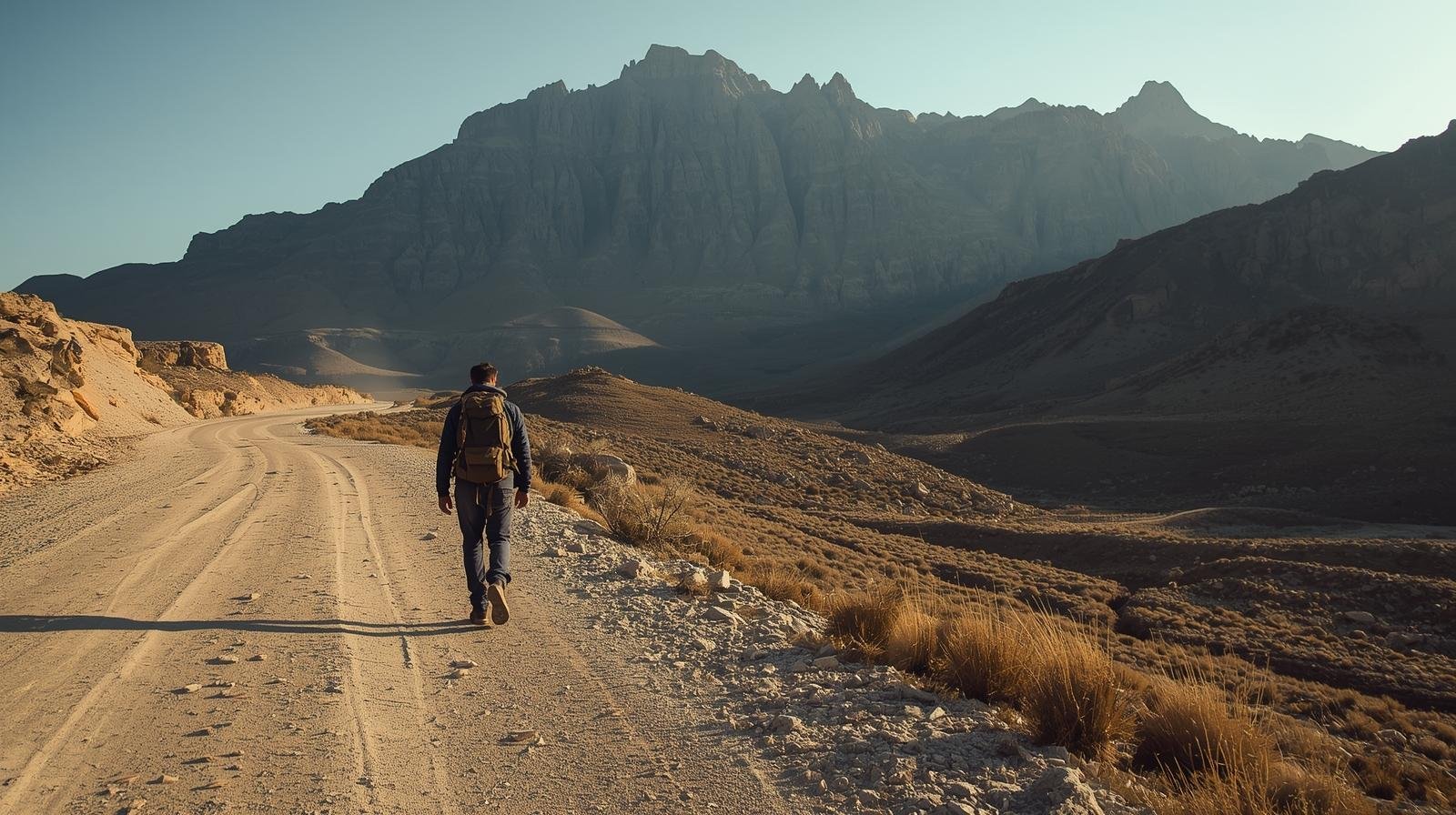 mochilero caminando por una ruta desolada, en un paisaje de montañas