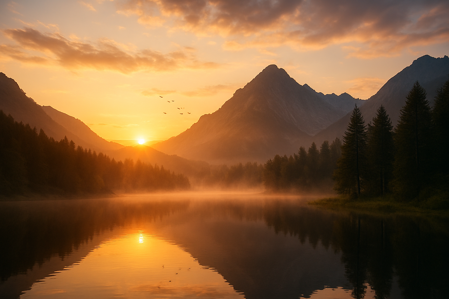 Amanecer en un lago rodeado de bosques y montañas
