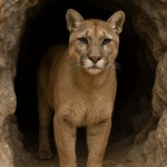 Puma joven en la entrada de una cueva