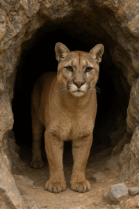 Puma joven en la entrada de una cueva