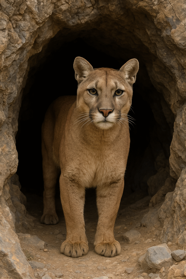 Puma joven en la entrada de una cueva