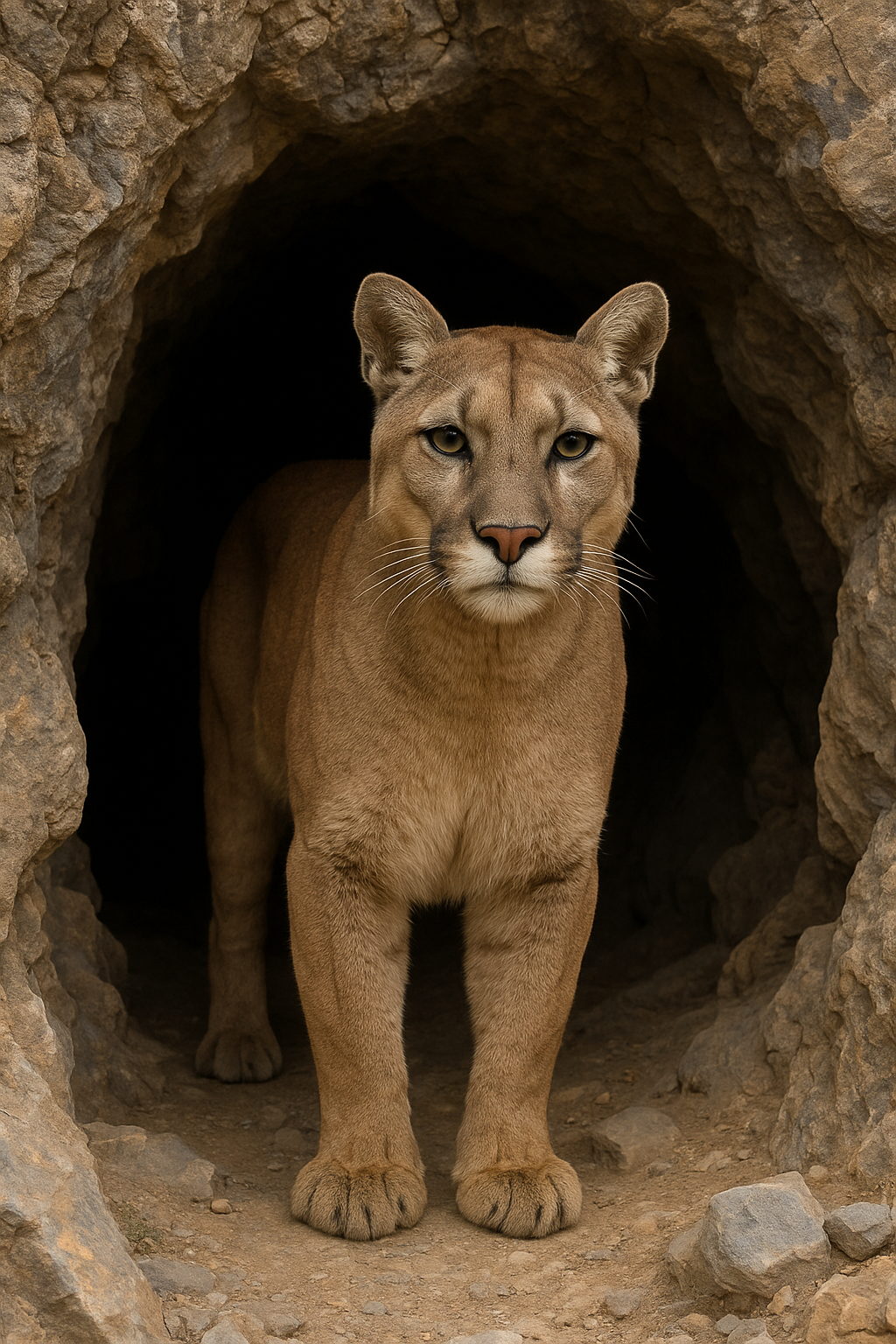 Puma joven en la entrada de una cueva