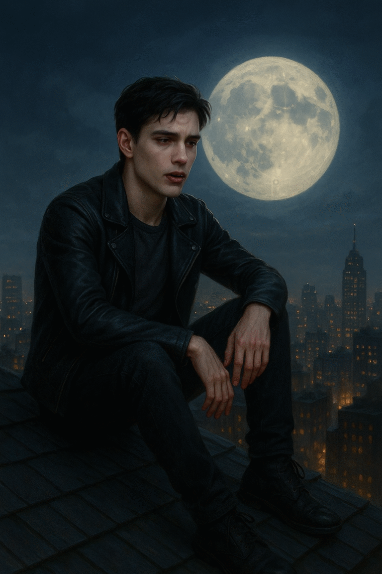 Joven vampiro con ropa actual, sentado sobre el techo de una casa